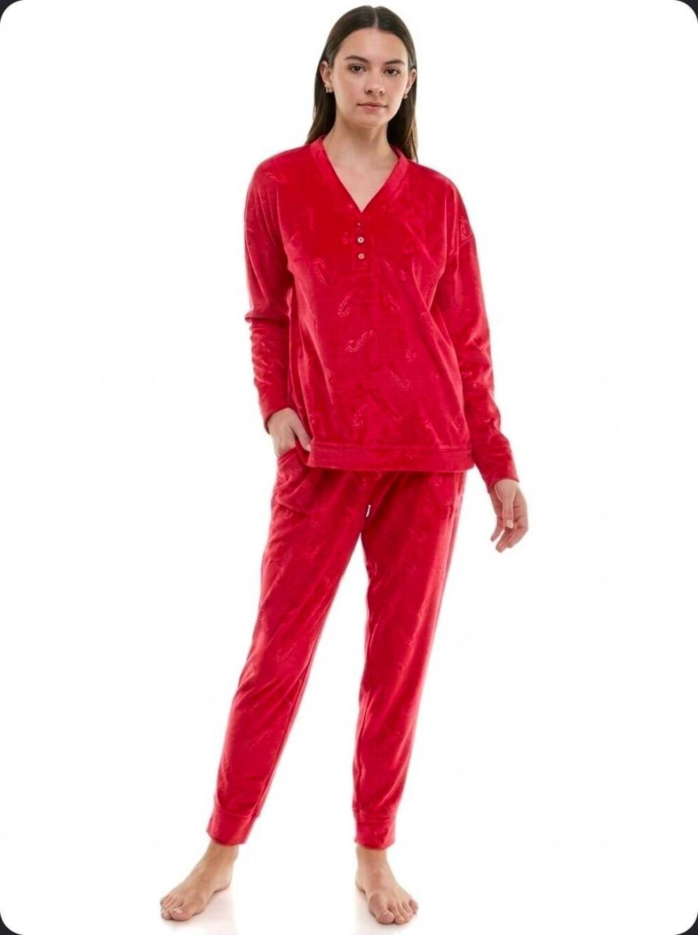 🔸️NWT Red Candy Cane Embossed Velour Loungewear Top & Jogger Pants Set Large